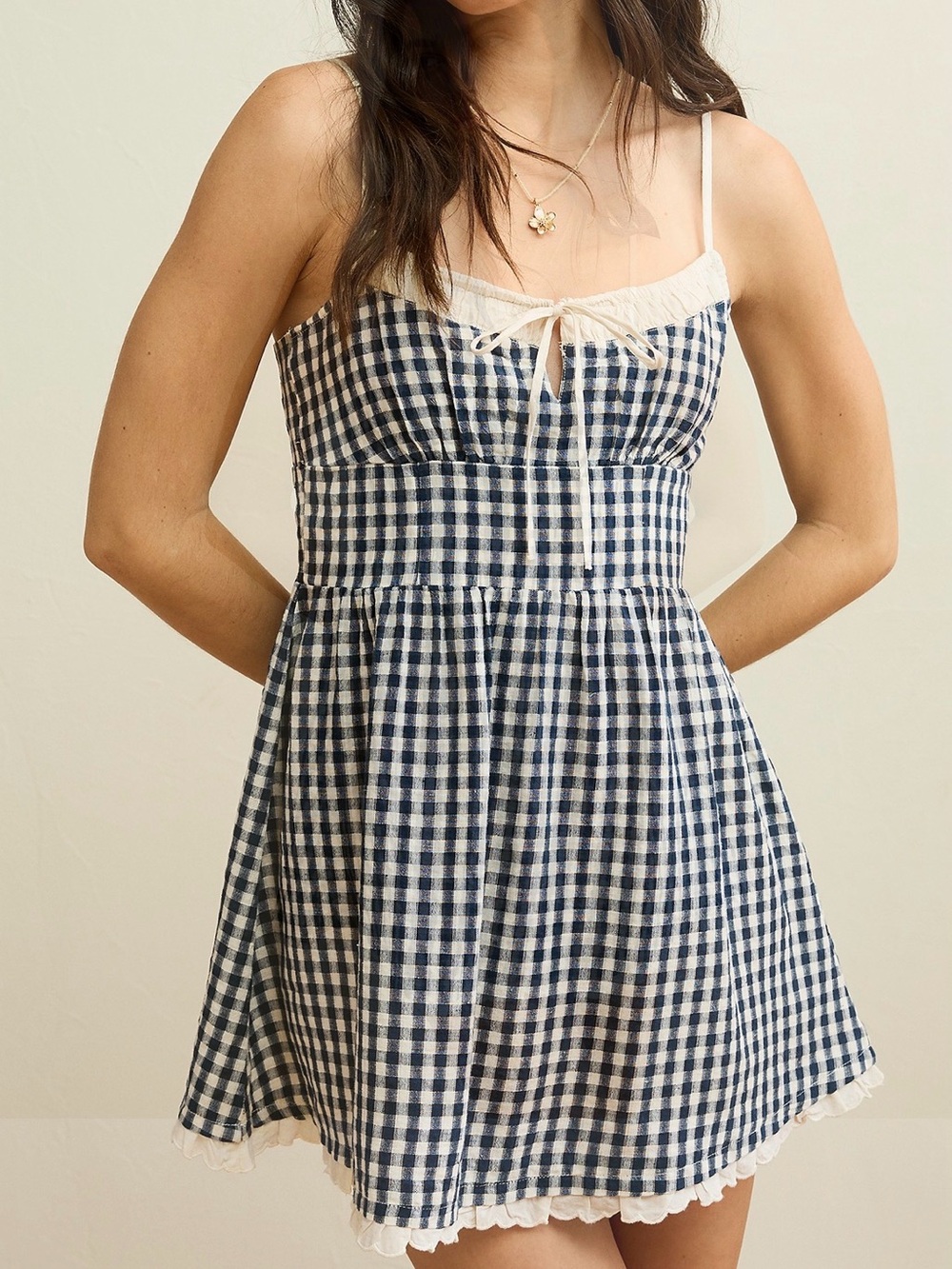 American Eagle Outfitters Blue Gingham Mini Dress with Cream Trim